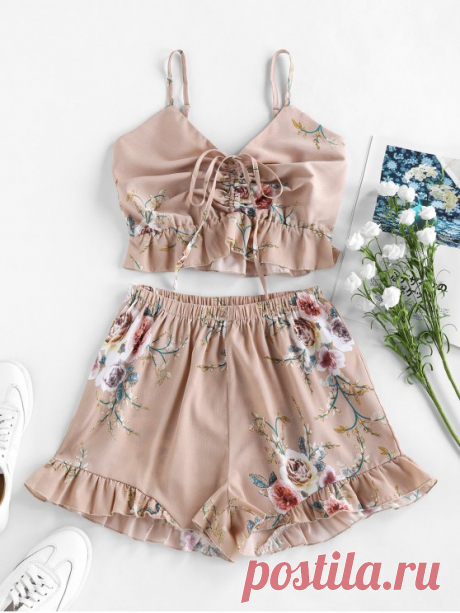 ZAFUL Cinched Ruffles Floral Co Ord Set   APRICOT [39% OFF] [NEW] 2020 ZAFUL Cinched Ruffles Floral Co Ord Set In APRICOT | ZAFUL    Occasion: Casual ,Daily,Vacation Style: Cute Fit Type: Regular Collar-line: Spaghetti Straps Sleeves Length: Sleeveless Material: Polyester Waist Type: High Closure Type: Elastic Waist Front Style: Flat Pattern Type: Floral Decoration: Ruffles Season: Summer Weight: 0.2000kg Package: 1 x Top 1 x Shorts