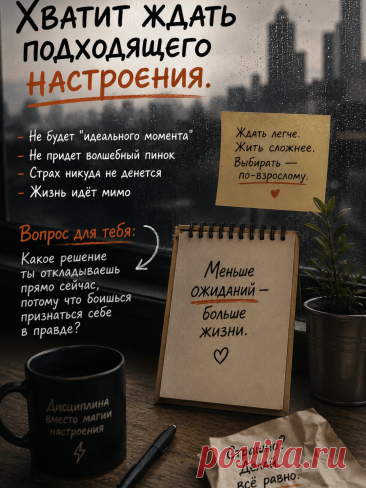 Хватит ждать подходящего настроения

Есть одна очень удобная ловушка: «Вот сейчас немного выдохну, поймаю настроение — и начну».

Начну разговор. Уволюсь. Запишусь к врачу. Разберусь с отношениями. Наконец возьмусь за то, что давно откладываю.