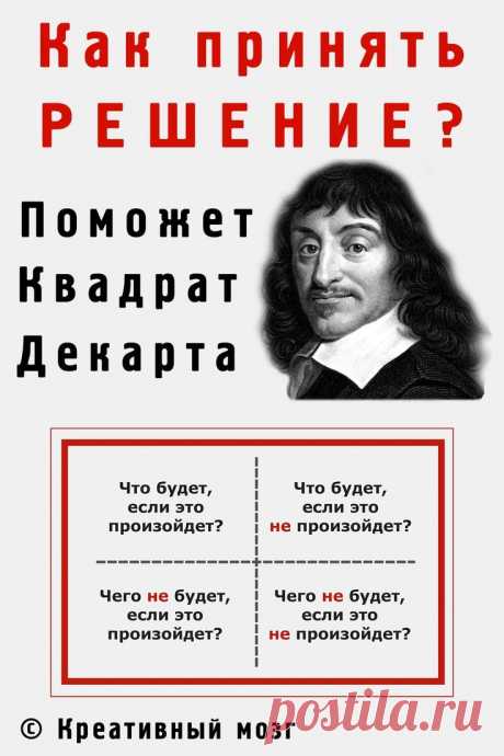Квадрат Декарта – техника принятия решений.
Как принять правильное решение. 👈 Квадрат Декарта — это техника принятия решений, которая требует мало времени и позволяет сократить наименее значимые критерии выбора. Может применяться для личной эффективности. 🚀 © Креативный мозг. 🌀 #решение #психология #выбор #квадрат #декарт
