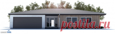 Small House Plan with three bedrooms and open plan. Large windows and covered terrace.