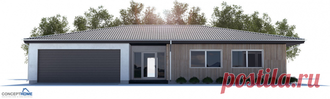 Small House Plan with three bedrooms and open plan. Large windows and covered terrace.