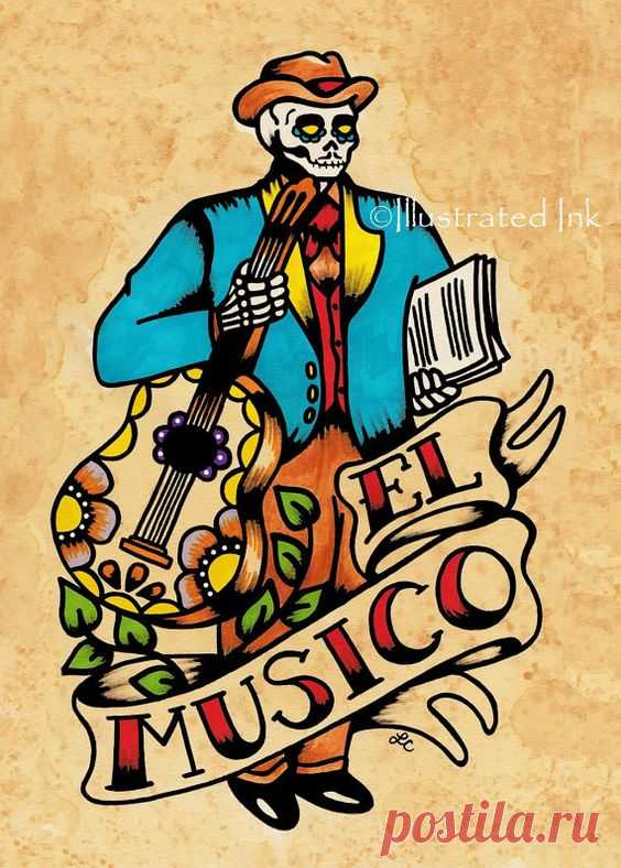 Day of the Dead EL MUSICO Tattoo Art Loteria Print 5 X 7 8 X | Etsy