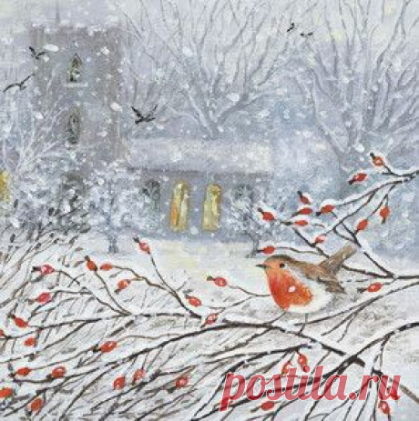 "Robin and Rosehips" • Lucy Grossmith • Heart To Art • Size: 5" x 5" (overall size with frame 10" x 10") • Original painting using acrylic paints on textured paper, framed in a deep white frame.