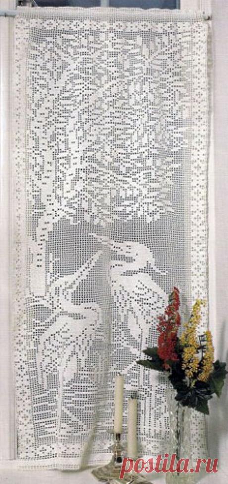 Занавеска крючком. Цапли у дерева Схема вязания крючком филейной занавески «Цапли у дерева»