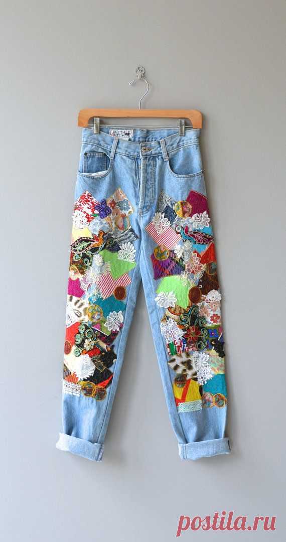 Happy Patchwork jeans • vintage 1980s denim • high waist 80s colorful jeans