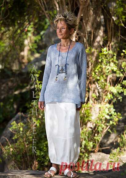 Tunique Anaïs en voile de lin et jupe Zoé en lin blanc naturel : une coupe tulipe confortable -:- AMALTHEE CREATIONS -:-