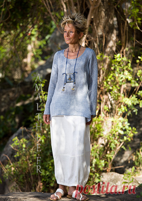 Tunique Anaïs en voile de lin et jupe Zoé en lin blanc naturel : une coupe tulipe confortable -:- AMALTHEE CREATIONS -:-