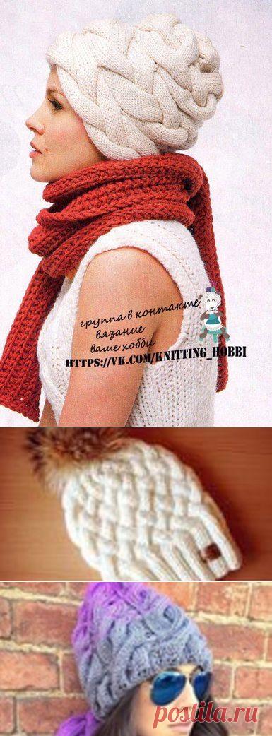 Белая шапка из кос для женщин, вязаная спицами.