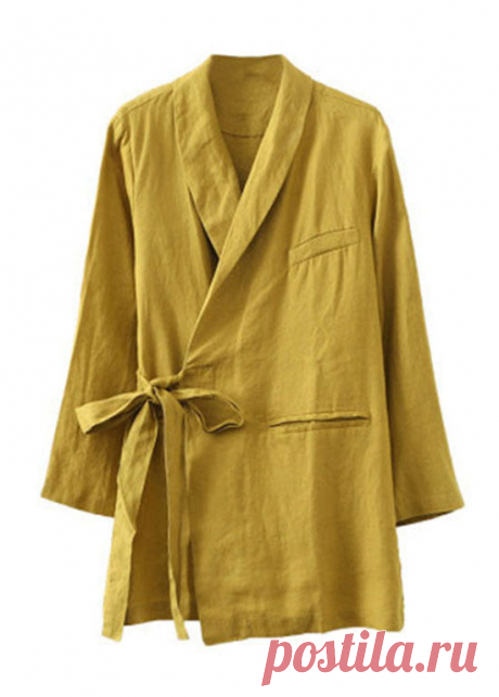 Unique Yellow Peter Pan Collar Pockets Tie Waist Patchwork Linen Coats – SooLinen