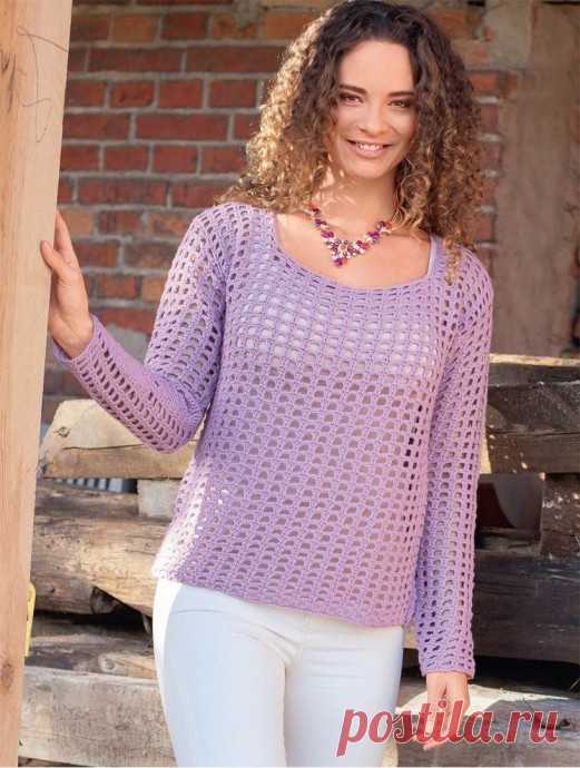 Джемпер в ажурную клетку Размеры: 36/38 (40/42) 44/46ВАМ ПОТРЕБУЕТСЯПряжа (85% натуральной шерсти, 15% кашемира; 160 м/50 г) – 400 (450) 500 г нежно-сиреневой; крючок №3,5.ОСНОВНОЙ УЗОРЧисло петель кратно 5 + 2. Вязать согл. схеме вязания узора крючком.Начать с петли перед раппортом, раппорт постоянно повторять,...