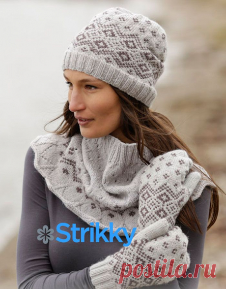 Комплект с жаккардовым узором: шапка, варежки и манишка для женщин от Drops Design | Strikky.ru