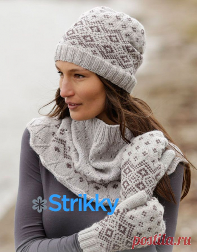 Комплект с жаккардовым узором: шапка, варежки и манишка для женщин от Drops Design | Strikky.ru