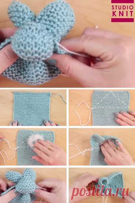 Too cute! These are the easiest knitted bunnies! Learn How to Knit a Bunny from a Square with Video Tutorial by Studio Knit. #StudioKnit #knittingvideo #bunny #knittedsofties #howtoknit…