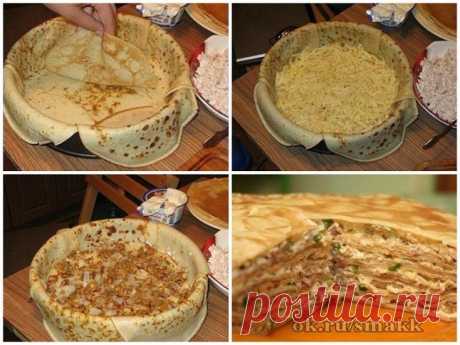 Блинный пирог с курицей и грибами