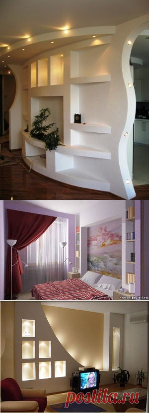 Гипсокартонные ниши, полки, шкафы в интерьере.