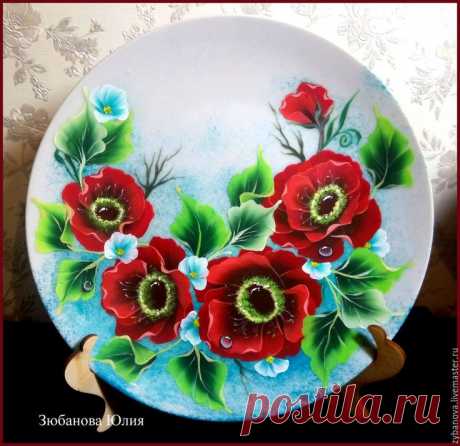 Купить Тарелка-панно - панно на стену, тарелка настенная, ярко-красный, ручная роспись посуды | декупаж тарелочки