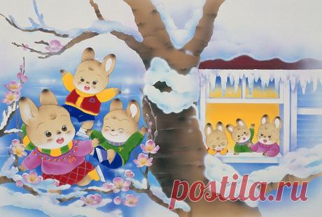 Животное иллюстраций до кроликов, сливы цветение, и сосульки в окне