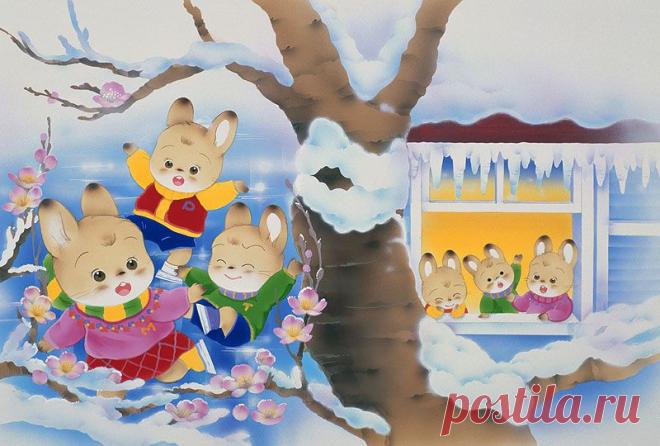 Животное иллюстраций до кроликов, сливы цветение, и сосульки в окне