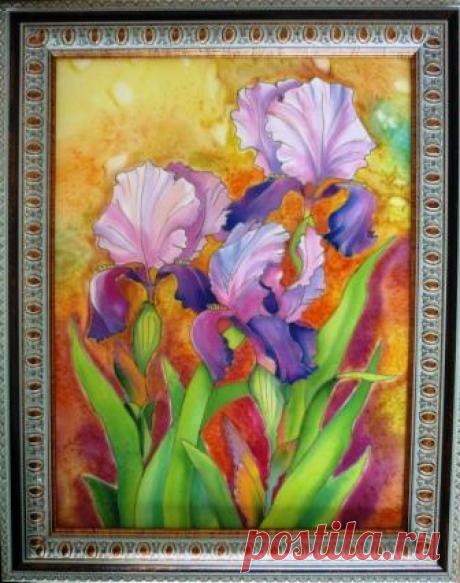 ИРИСЫ (панно) 30/40см.Крепдешин.Холодный батик.Мастер класс от Виктории Игнатовой.