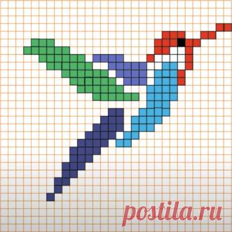 a cross stitch pattern with an arrow on it's side, and the colors are red, green, blue, and purple