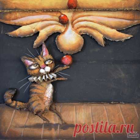 Le chat jongleur The unique and original artwork Le chat jongleur is a creation from the artist Cathy Mouis, who paints relief artworks, very original and funny, with animals, using coton, cardboard, paper