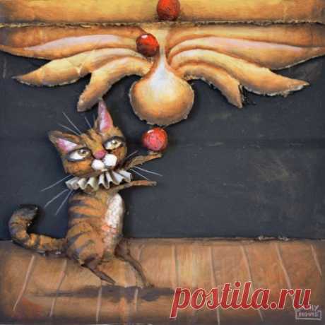 Le chat jongleur The unique and original artwork Le chat jongleur is a creation from the artist Cathy Mouis, who paints relief artworks, very original and funny, with animals, using coton, cardboard, paper