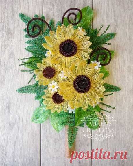 (1) French Beaded Sunflower Wall Bouquet - by Lauren Harpster of Lauren's Creations | Beaded flowers
