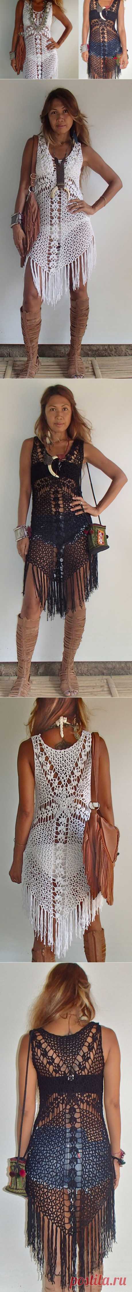 Cross Crochet Boho Dress with long Fringe/ Black White от PadMa88