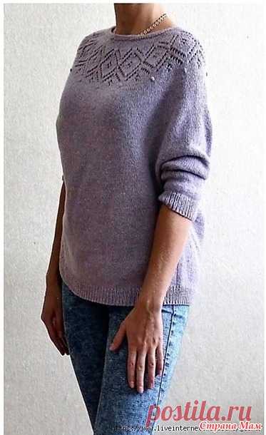 Пуловер с круглой ажурной кокеткой. Спицы.