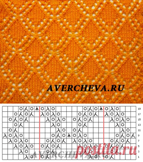 Узор 820 «Ажурные ромбы» | каталог вязаных спицами узоров