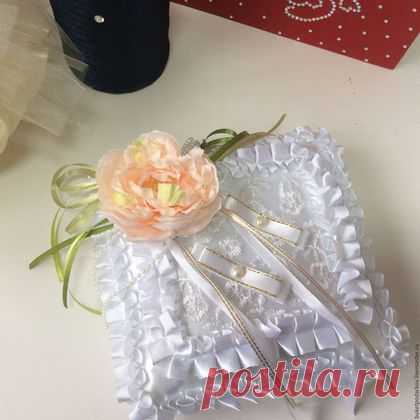 Купить Подушечка для колец " Розовый пион" - белый, подушечка для колец, подушечка для загса, подушечка