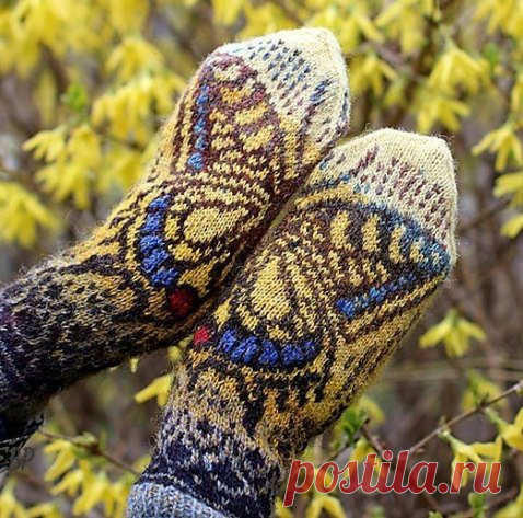 Жаккардовые варежки с бабочками