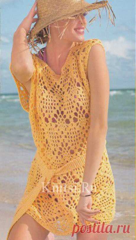 Длинный жёлтый топ с поясом. Вязание для женщин / Топы / Крючком
