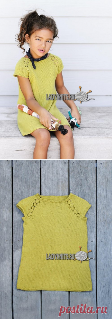 Вязаное спицами платье с ажурными линиями реглана для девочки от 2 до 12 лет
