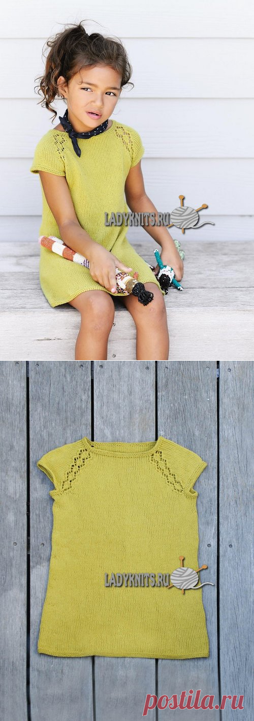 Вязаное спицами платье с ажурными линиями реглана для девочки от 2 до 12 лет