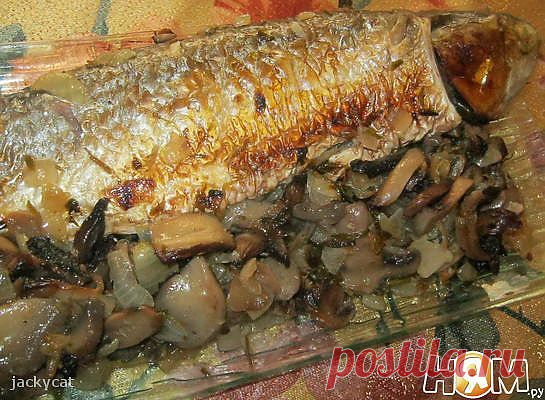 Форель, запеченная в гриле с грибным соусом.
