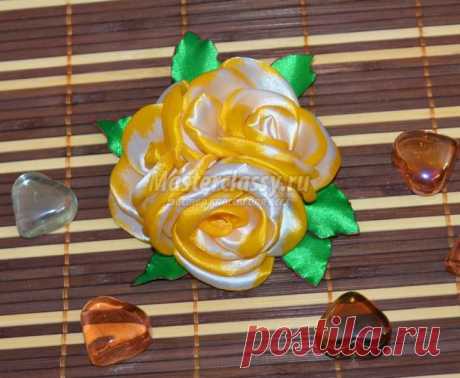 Брошь из атласных лент. Букет роз. Мастер-класс с пошаговыми фото