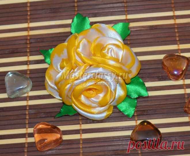 Брошь из атласных лент. Букет роз. Мастер-класс с пошаговыми фото
