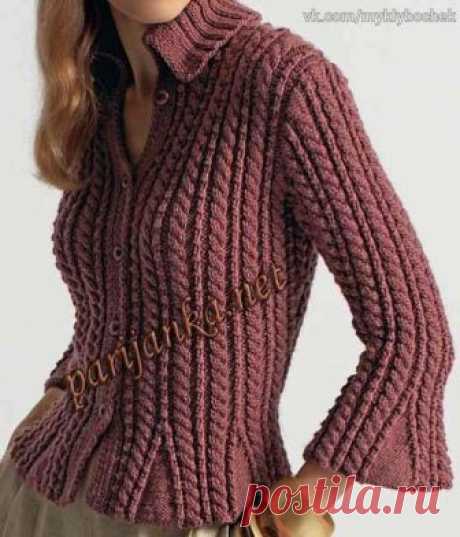 Кофта спицами
#вязание #спицами

Размеры: S – M – L – XL 

Материалы: нитки Alpaga, цвет Pastoral 12 – 13 – 15 – 16 мотков 

Состав: 80% шерсть мериноса, 20% альпага (baby), 50 г / 90 м. 

Спицы № 4 и № 4,5, дополнит. спица, 5 пуговиц. 

Виды вязок: 

Узор «Коса», спицы № 4,5. На количестве петель делимое на 9+5. 

1-ый ряд: (лиц. ст. работы): * 2 изн. п., 1 лиц. п., 2 изн. п., 4 лиц. п.*, повторять от *до*, закончить 2 изн. п., 1 лиц. п., 2 изн. п. 

2-ой ряд: * 2 лиц. п....