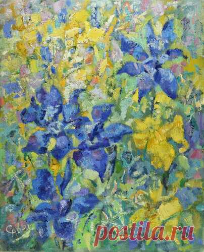 Irises Painting Flower Blue Yellow Original Art Floral Canvas by Natalya Savenkova (2009) : Painting Oil on Canvas - SINGULART ✅ Buy the Artwork 'Irises Painting Flower Blue Yellow Original Art Floral Canvas' by Natalya Savenkova (2009) : Painting Oil on Canvas - 50x40cm ➽ Free Delivery ➽ Secure Payment ➽ Free Returns