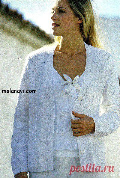 Белый жакет спицами узором "рис" | Вяжем с Ланой