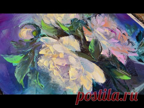 Живопись шпателем, абстрактные цветы, картина на картоне.