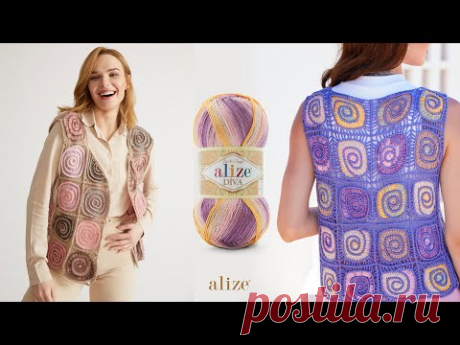 Жилет со спиральным мотивом крючком из Alize Diva Batik