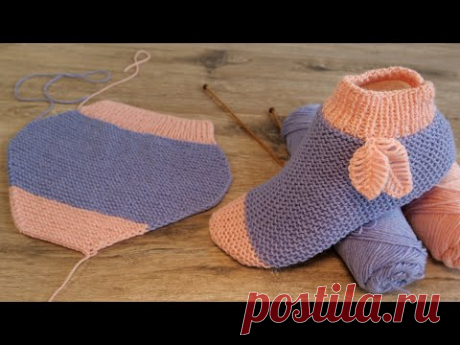 Легкие следки спицами с листиками🍂 Easy Slippers with leaves knitting patter