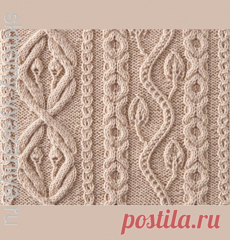 Витые ромбы с бутонами и веточка - схема вязания узора спицами