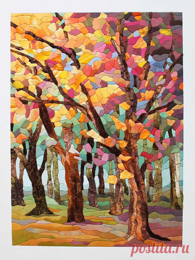 «Осенний лес»: картина в технике пэчворк без иглы - Ярмарка Мастеров - ручная работа, handmade