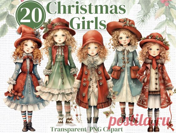 Cute Christmas Girls / Dolls Png Clipart - Watercolor bundle - Junk Journals Invitations Sublim...