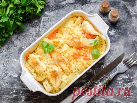 Филе минтая в духовке с овощами и рисом — рецепт с фото пошагово