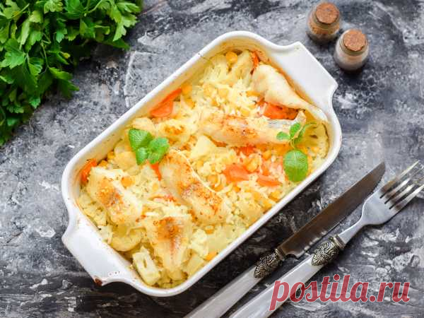 Филе минтая в духовке с овощами и рисом — рецепт с фото пошагово