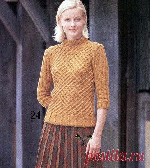 Свитер оригинальным узором Вязаный спицами оригинальным узором свитер с укороченными рукавами. Схема-выкройка